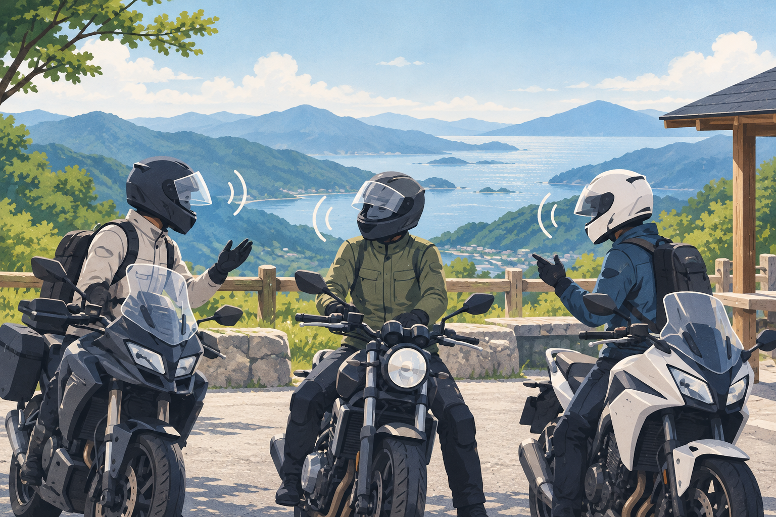 休憩中の3人のライダーが会話する様子を描いたAI生成イラスト
