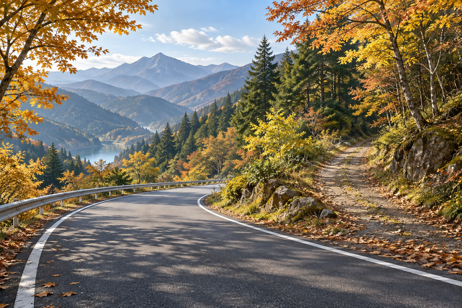秋の山間の舗装道路と未舗装の小道を描いたAI生成イラスト