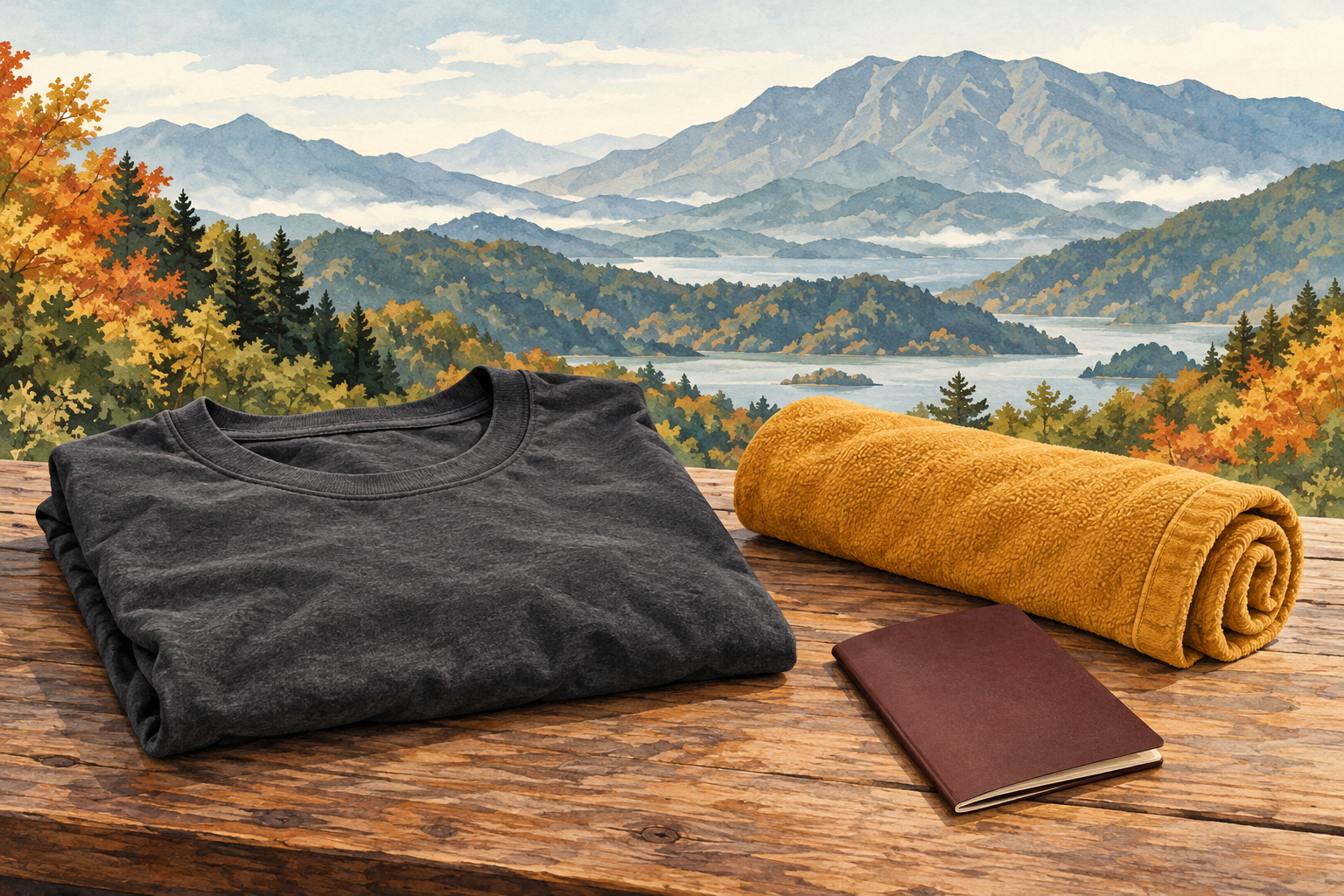 Tシャツ、タオル、入場パスポートを表したAI生成の概念イラスト。実際のグッズや会場ではない。