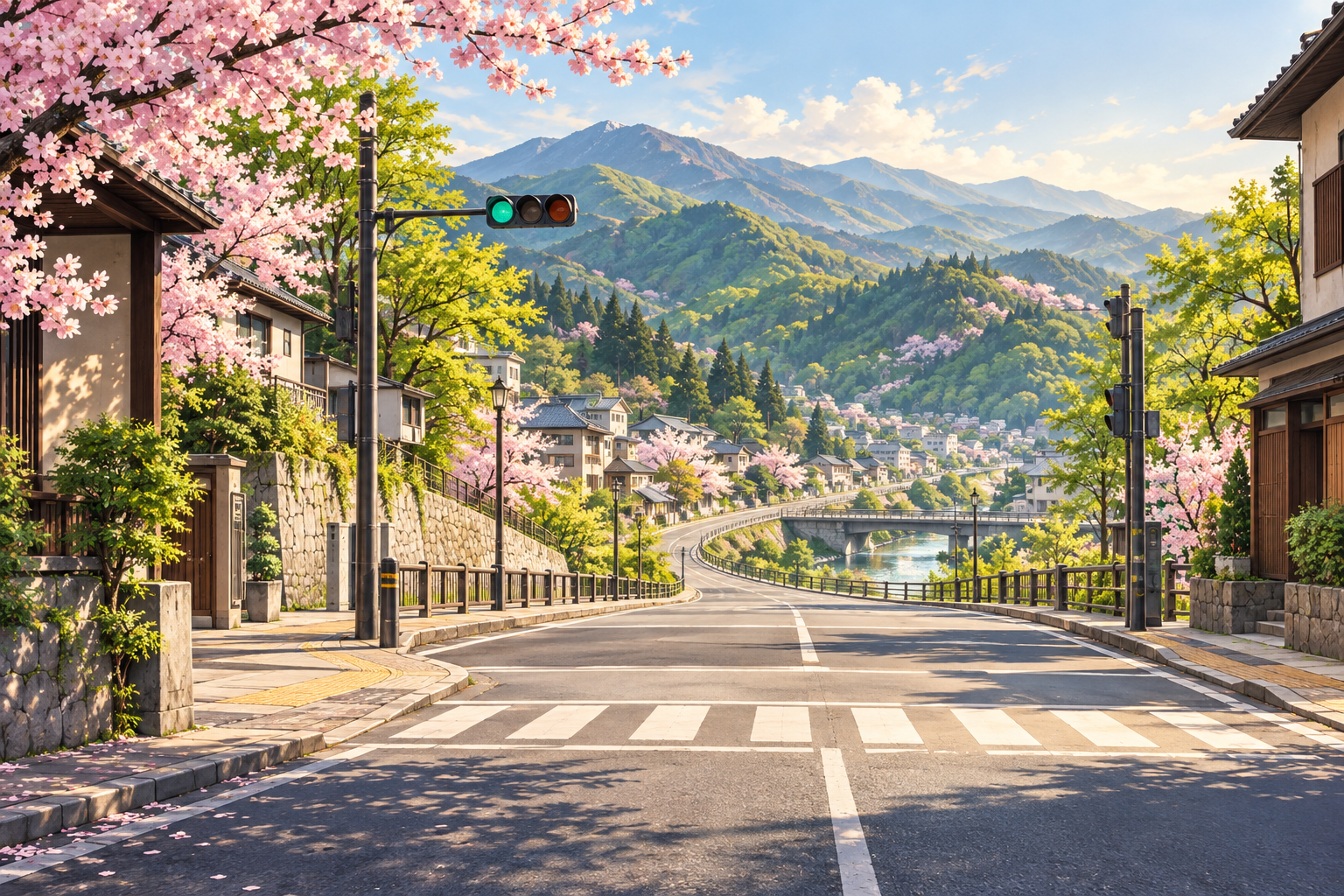 春の市街地から緑の丘へ続く道路を描いたAI生成イラスト