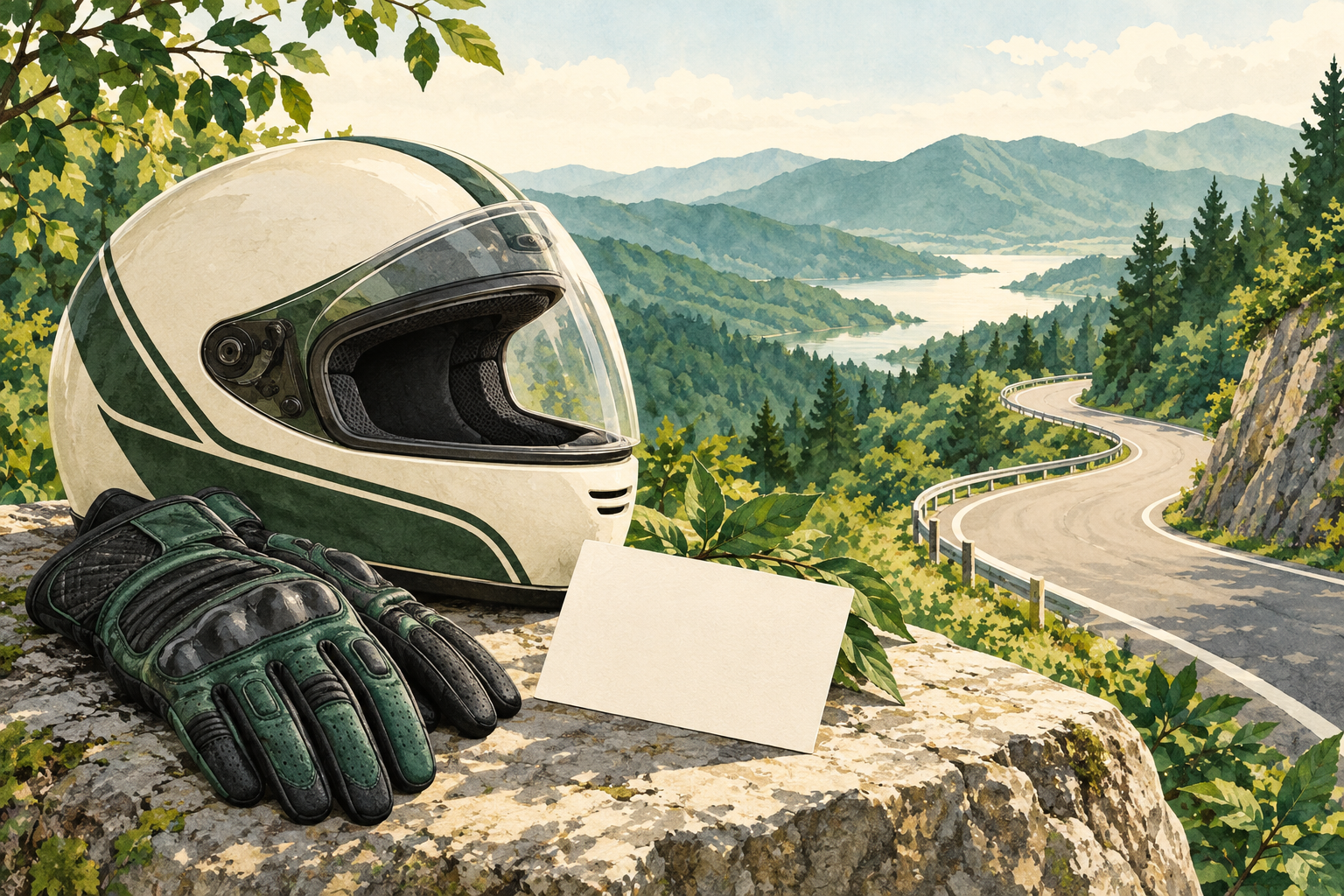 ヘルメットとグローブ、文字のないカードで免許取得後のバイク選びを表すAI生成の概念図。